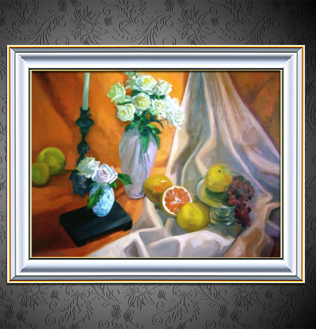 瓶花与水果装饰风格静物油画-风景油画-油画