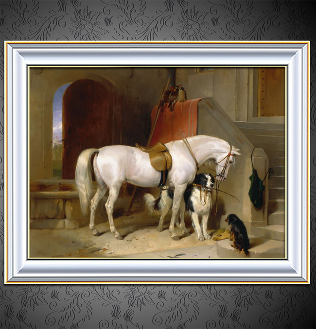 马圈里的白马与小狗写实主义油画