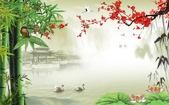 【psd】满园春色关不住中式家居装饰背景