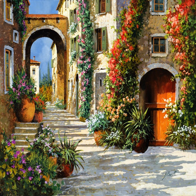 【jpg】欧洲满是鲜花的街景油画