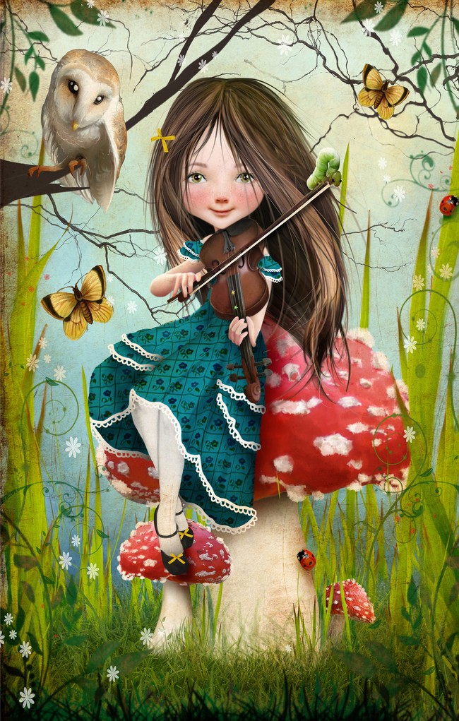 【jpg】坐在红色蘑菇上拉小提琴的女孩
