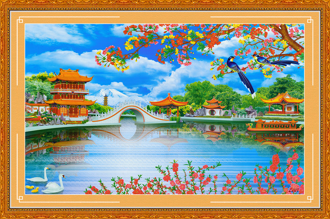 【psd】山水风景牡丹电视背景装饰画psd