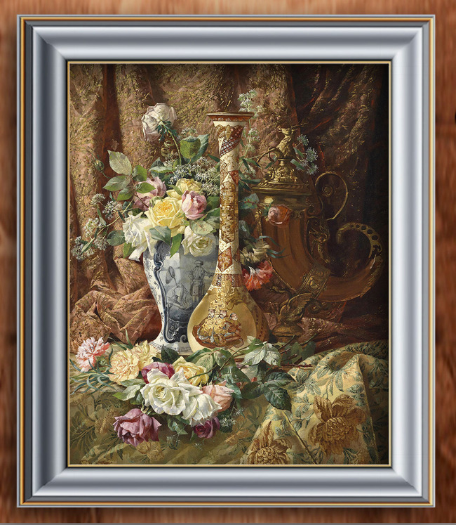 【tif不分层】青花瓷银壶和美丽的玫瑰古典主义油画
