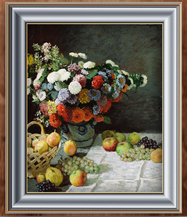 【tif不分层】瓶花与果篮中的水果静物油画