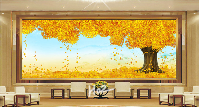 摇钱树电视背景墙 摇钱树沙发背景墙 摇钱树壁画 黄金树壁画 黄金树
