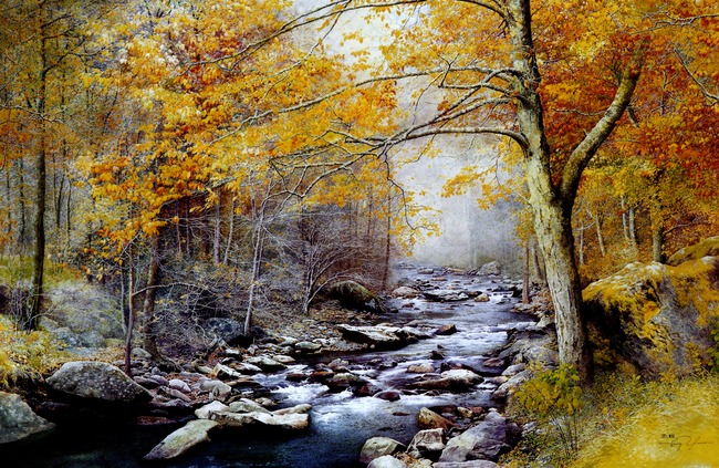 【jpg】大型唯美高清枫林小溪油画装饰画