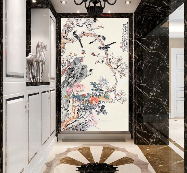 【无】工笔花鸟花开富贵燕子玄关移门隔断背景