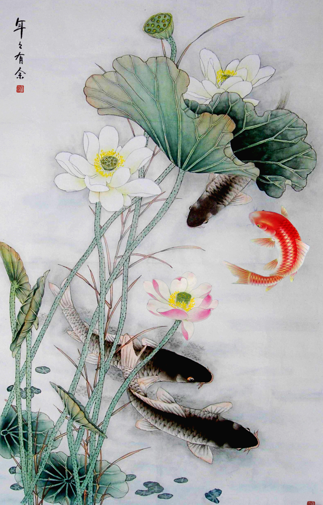 【无】清晰古典水墨三鱼图鱼戏新荷玄关门厅背景墙