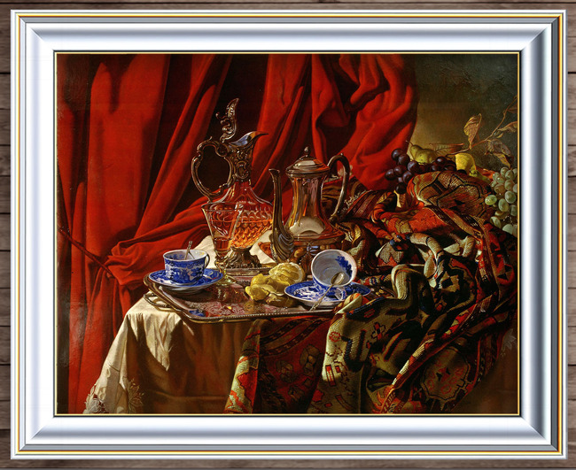 【tif不分层】桌上的器皿和柠檬葡萄古典主义油画