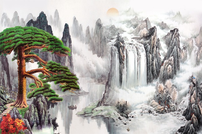 【tif不分层】迎客松山水画电视墙
